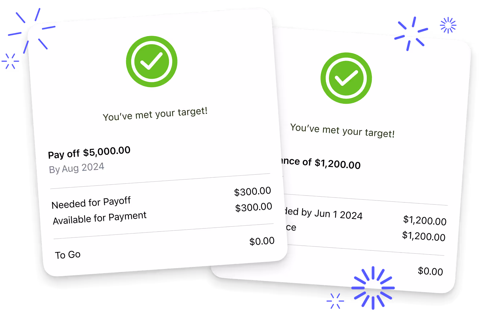 Two cards showing the "You've met your target!" message in the YNAB mobile app